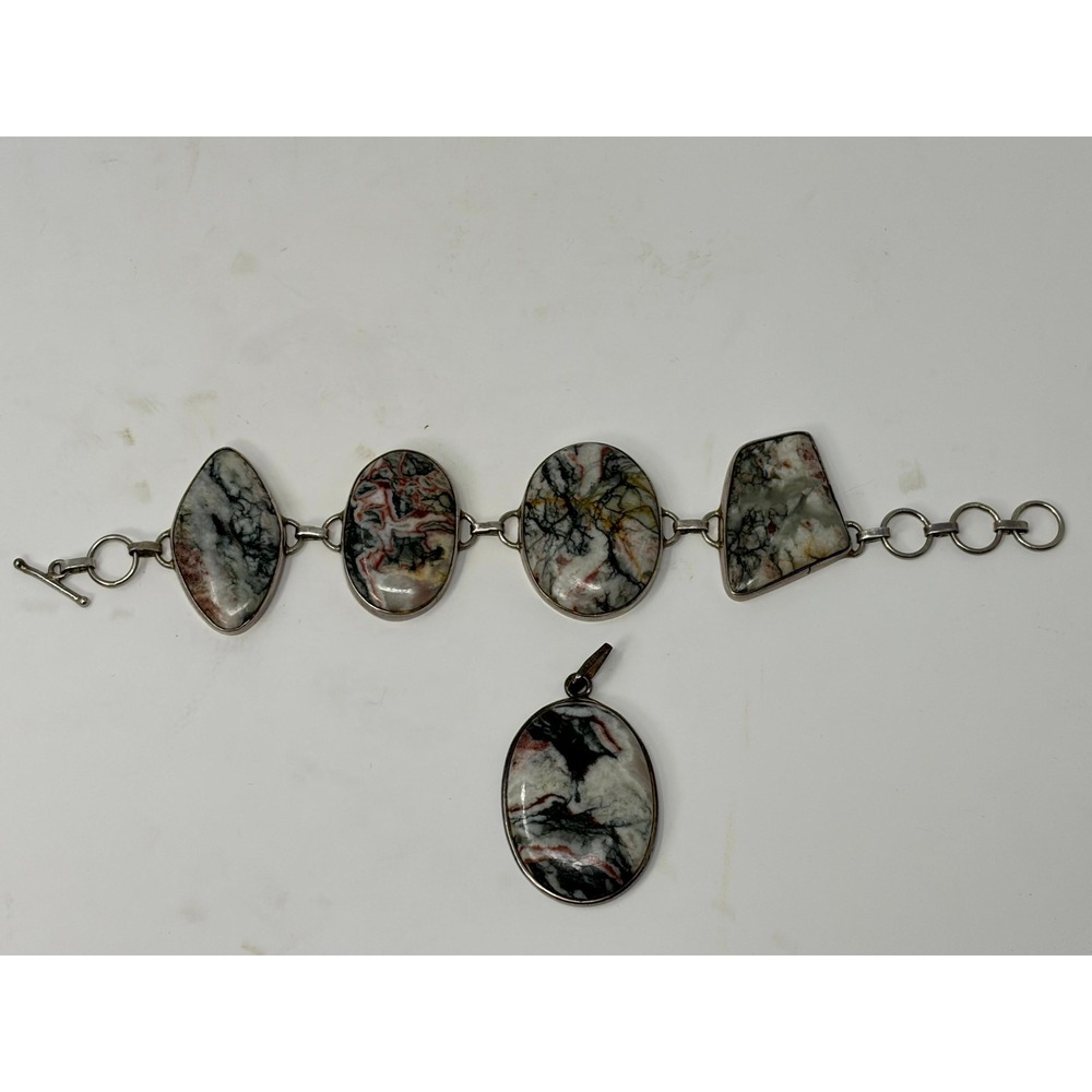 Vintage Sterling Silver Jasper Stone Bracelet and Pendant Set Toggle Clasp 925